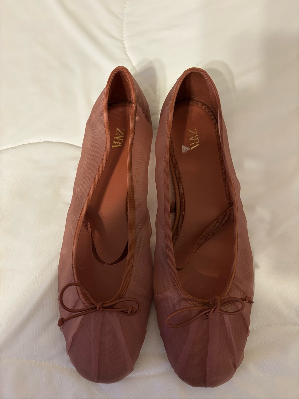 Zara Mesh Ballet Flats EU 39 Mauve Pink Bow Mary Jane Sheer Shoes